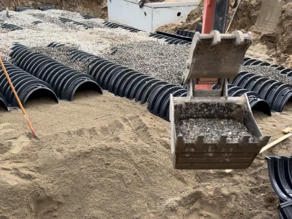 Septic Installation Equipment - MAC Excavation & Landscape Excavator and work truck on septic installation job site by MAC Excavation & Landscape in South Shore MA